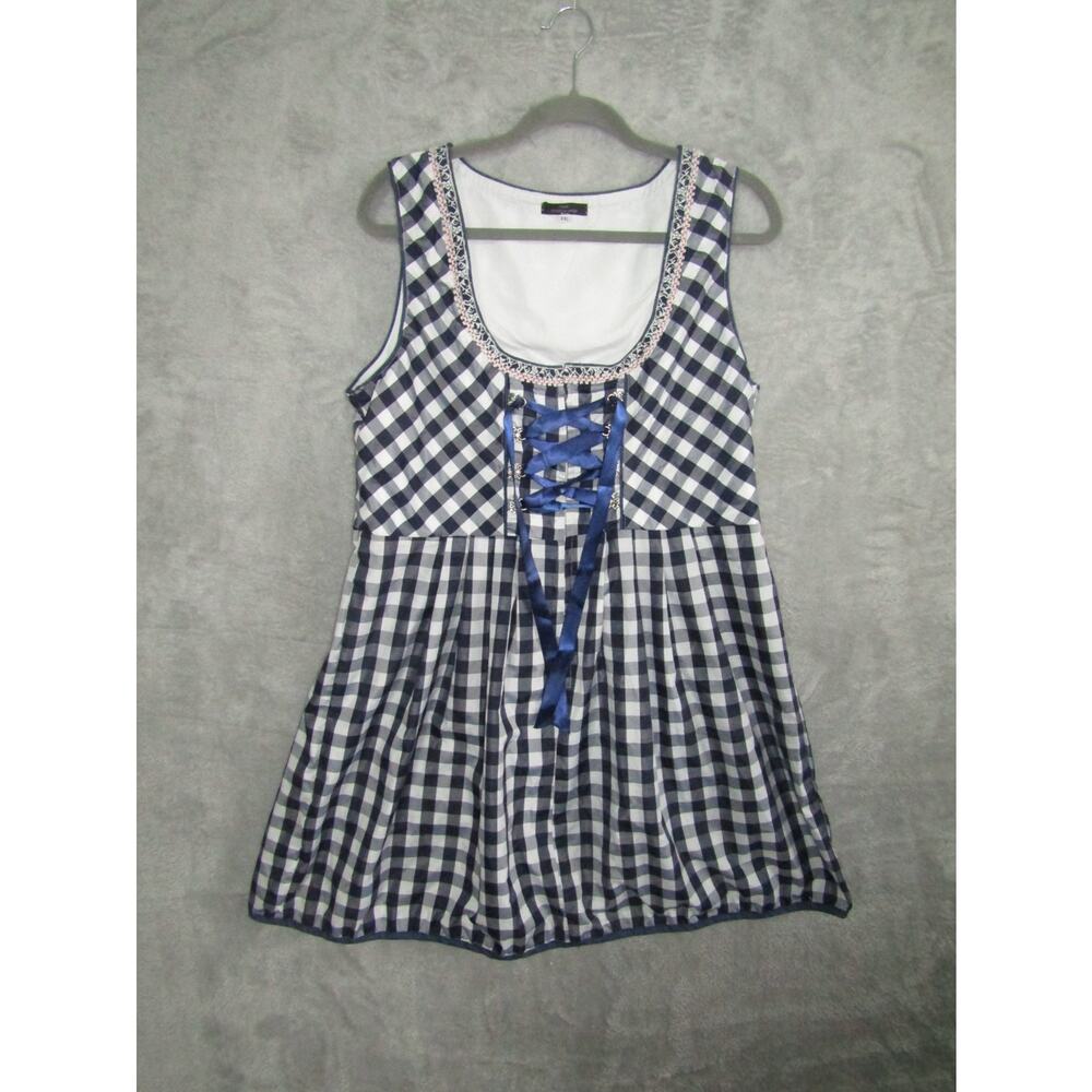 Classic Dirndl Bavarian Oktoberfest Checkered Dress Blue‎ White XXL Lace Peasant
